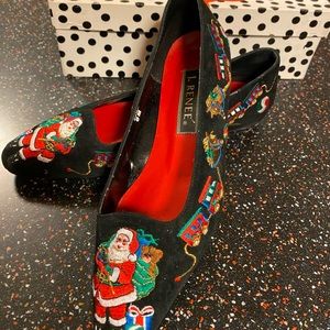 Black suede shoes with embroidered Santa and presents. Worn 2 times. 8M